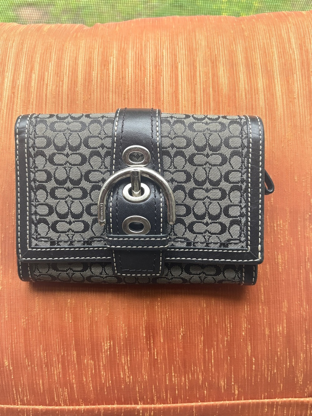 Coach Black and Gray Signature Monogram Leather Trim Wallet